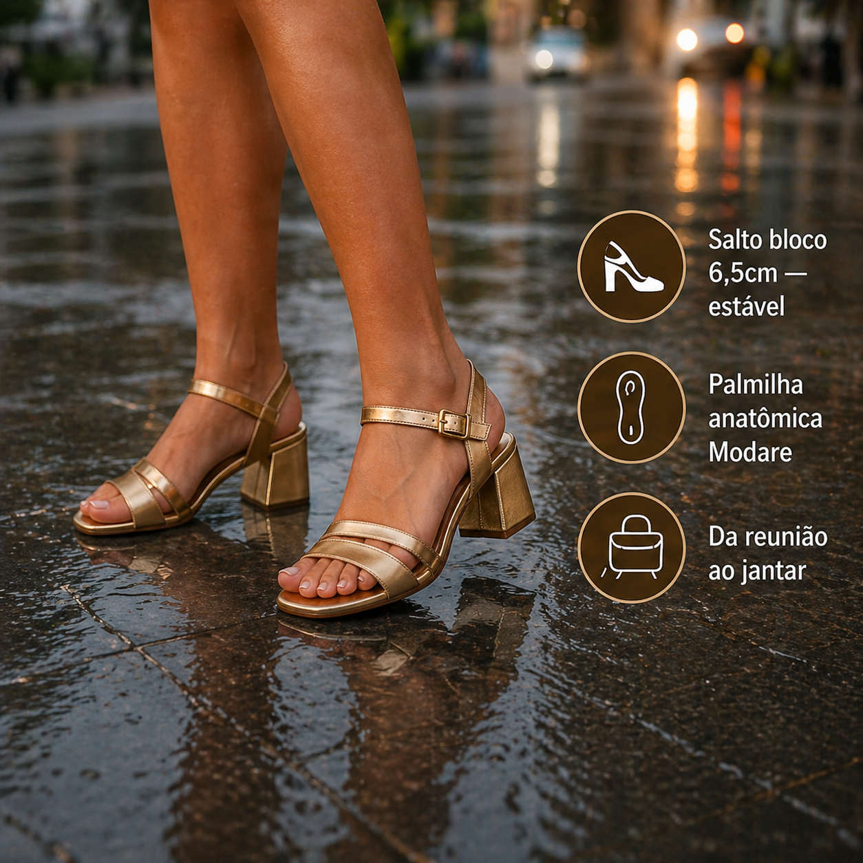 Sandália Feminina Ortopédica Modare Reflex Sense para uso diário com palmilha massageadora e fivela dourada