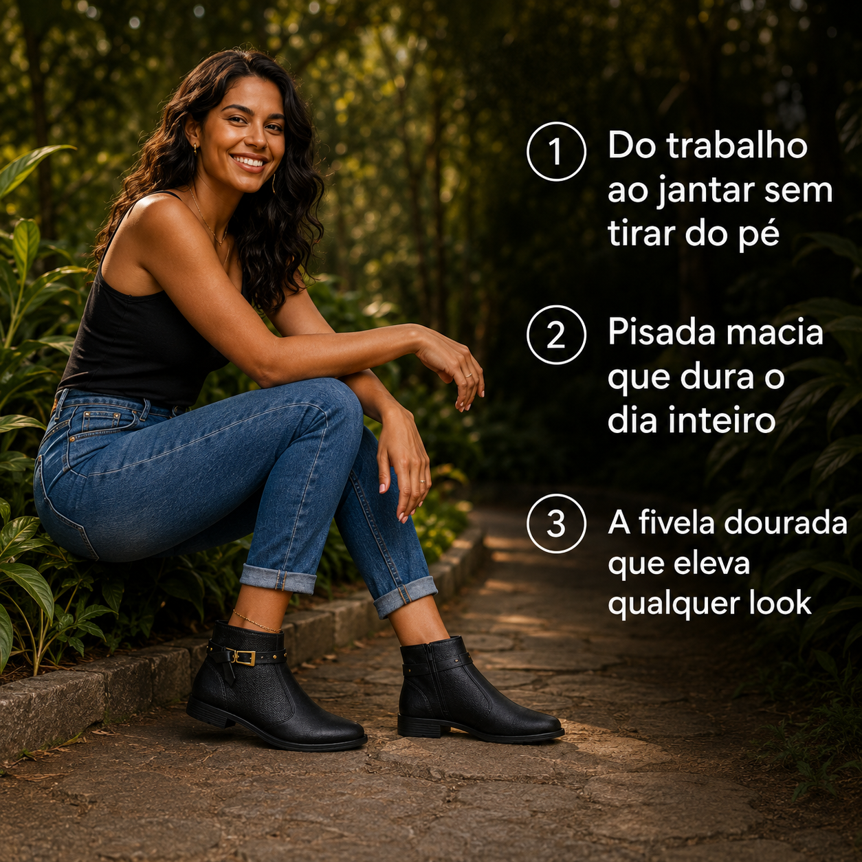 Bota Feminina Moleca Cano Curto Preta Fivela Dourada Confortável Dia Inteiro