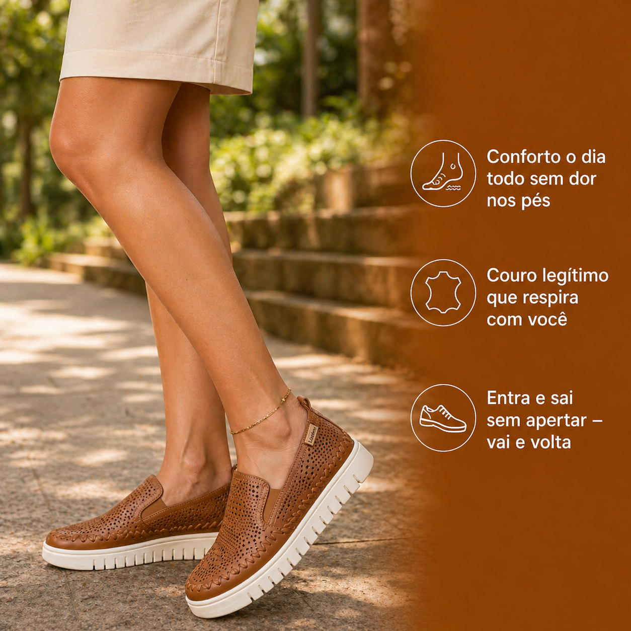 Tênis feminino Slip On Bottero Couro legítimo Perfurado Caramelo — Sola Tratorada Confortável