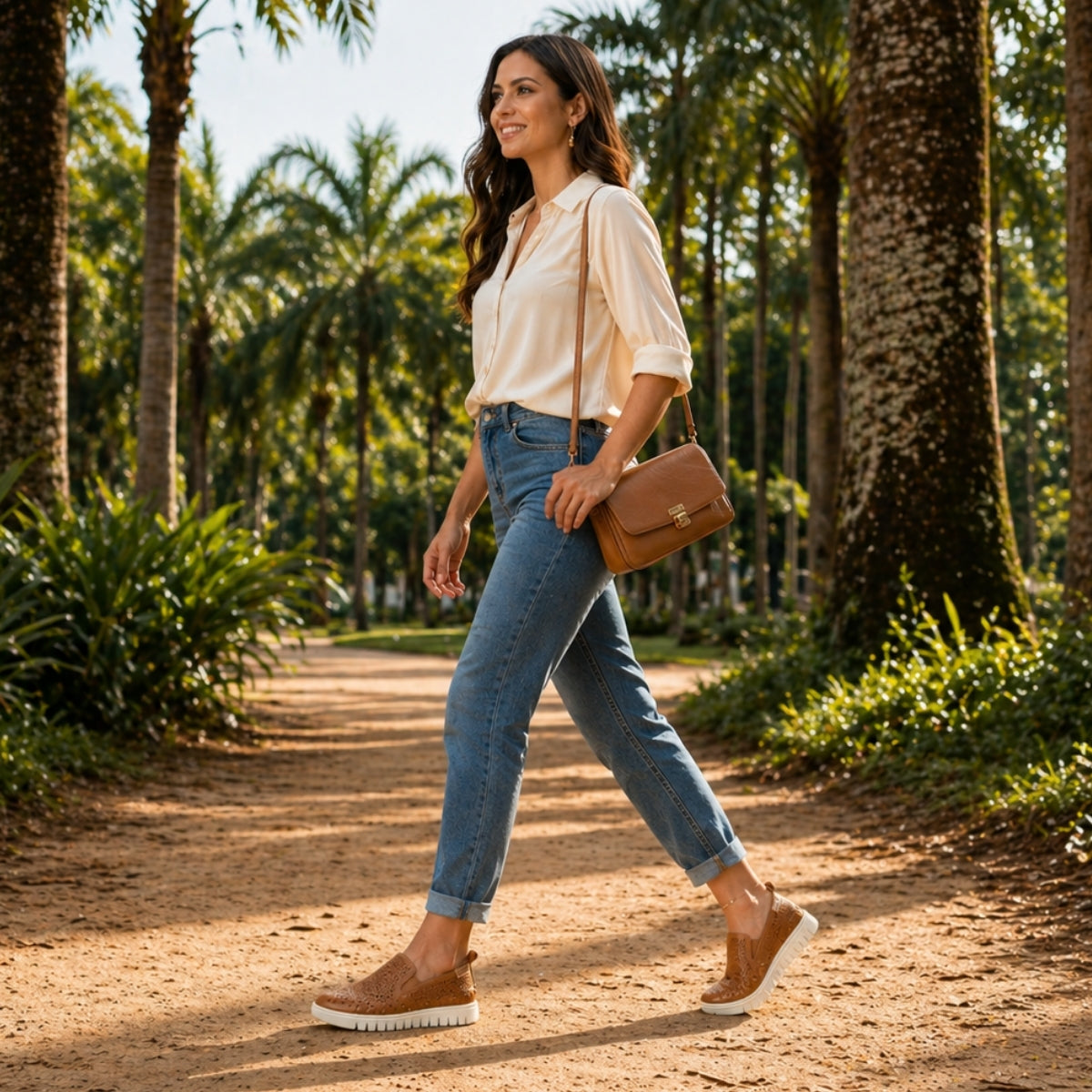 Tênis feminino Slip On Bottero Couro legítimo Perfurado Caramelo — Sola Tratorada Confortável