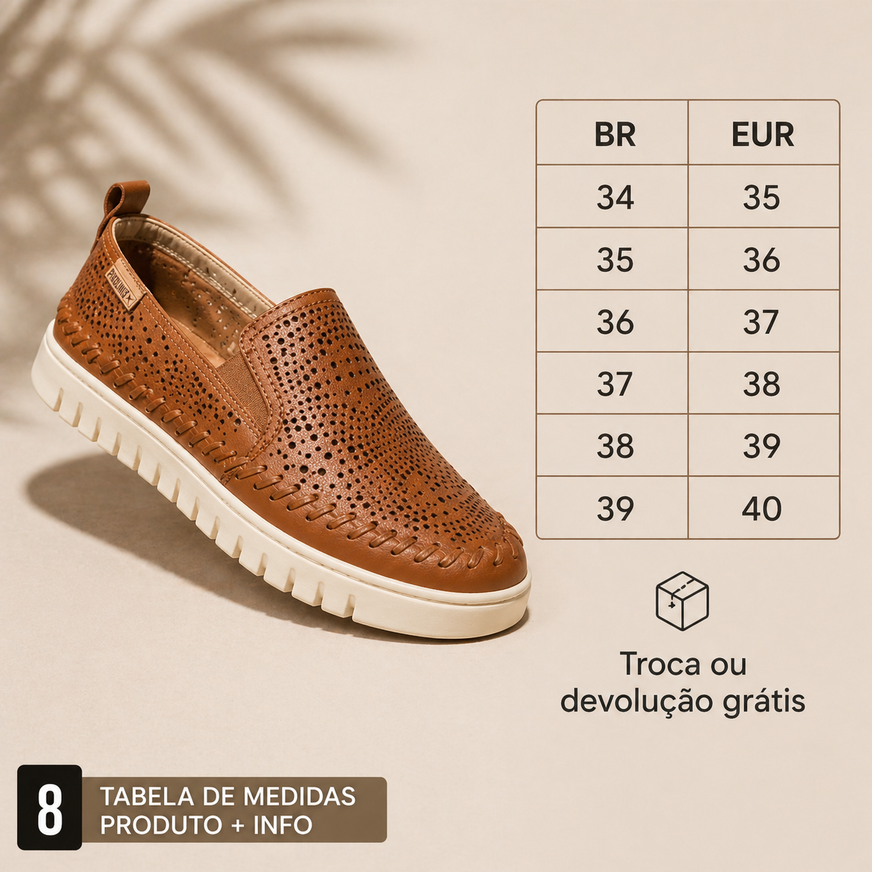 Tênis feminino Slip On Bottero Couro legítimo Perfurado Caramelo — Sola Tratorada Confortável