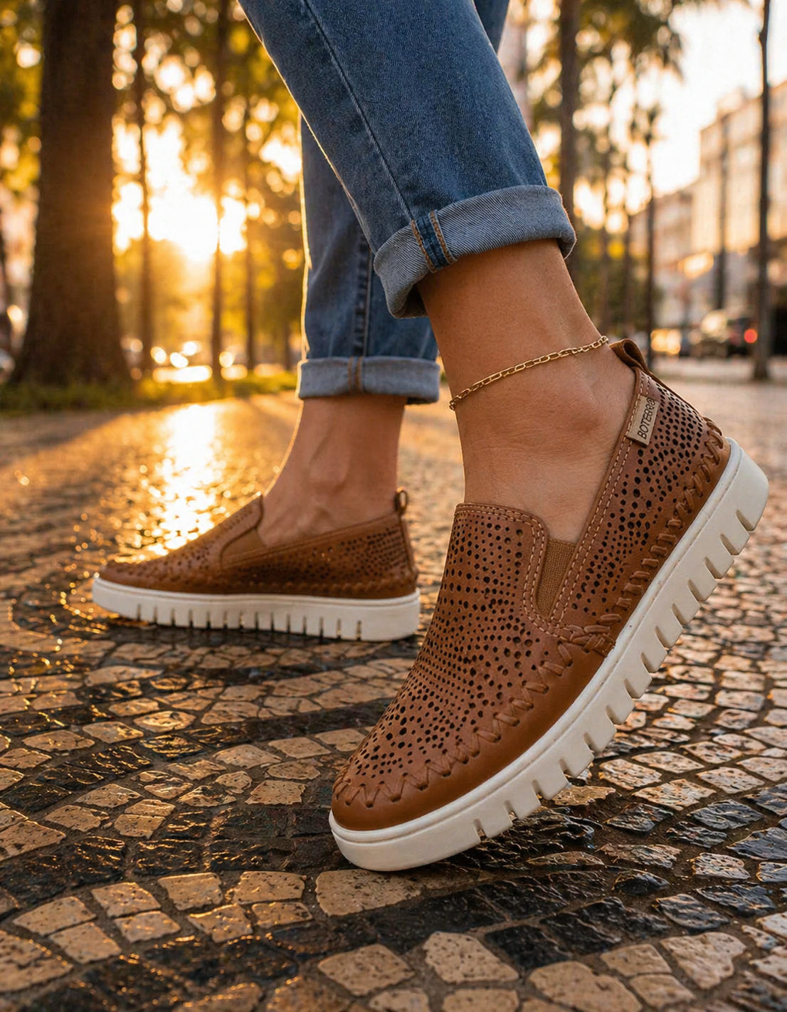 Tênis feminino Slip On Bottero Couro legítimo Perfurado Caramelo — Sola Tratorada Confortável