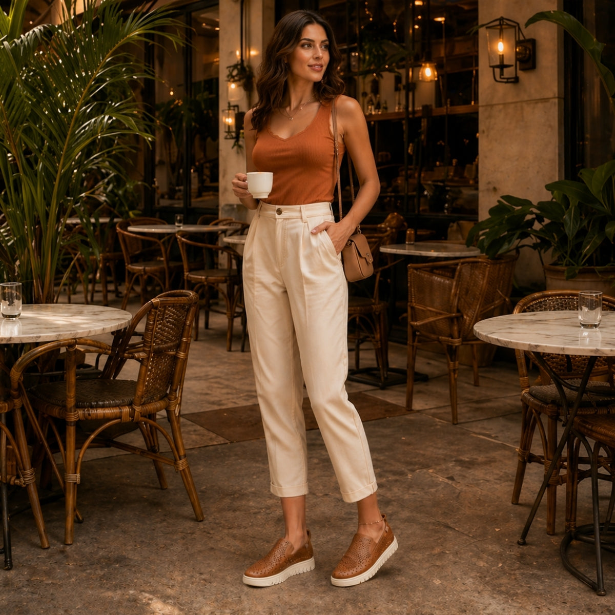 Tênis feminino Slip On Bottero Couro legítimo Perfurado Caramelo — Sola Tratorada Confortável