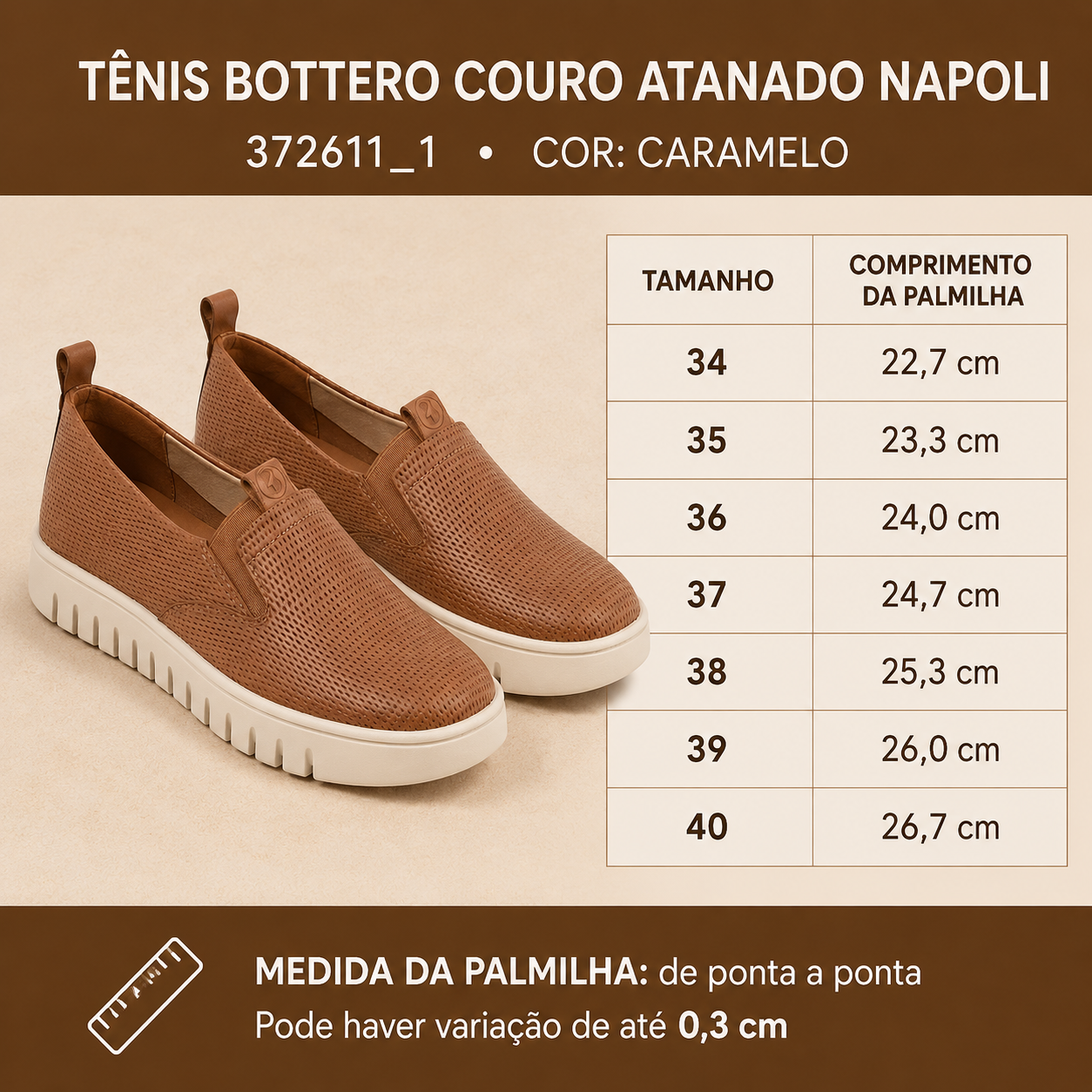 Tênis Bottero Slip Caramelo - Calce Fácil, Conforto Premium | Napoli 372611