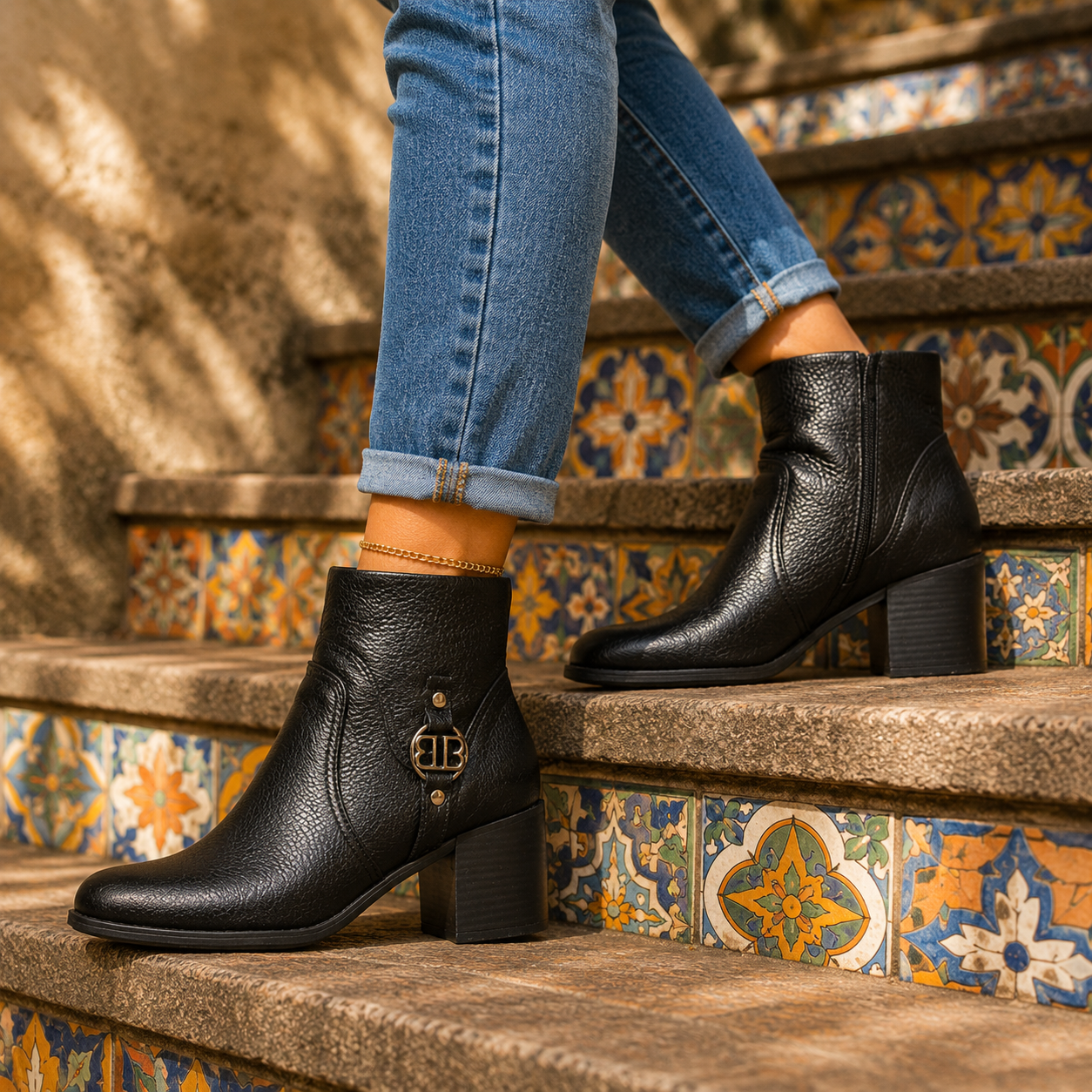Bota Coturno Cano Curto Couro Bottero Burnish Fivela - Salto bloco 6 cm