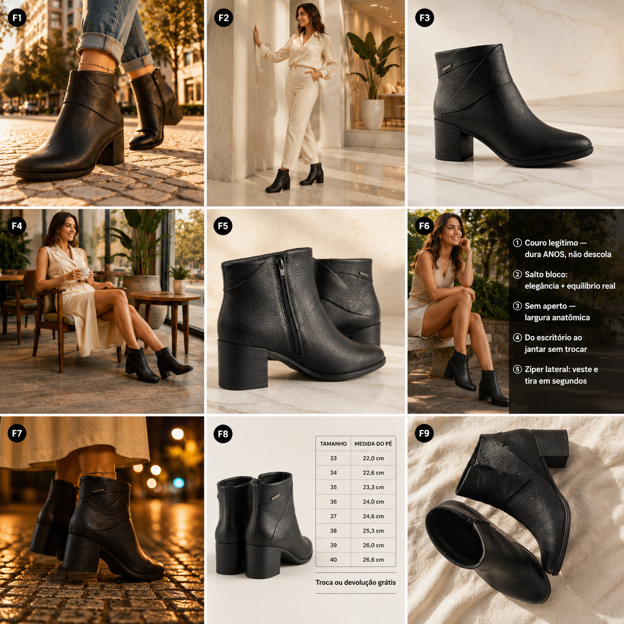 Bota Bottero Feminina Cano Curto Couro Salto Bloco 6 cm Confortável Preta 346918