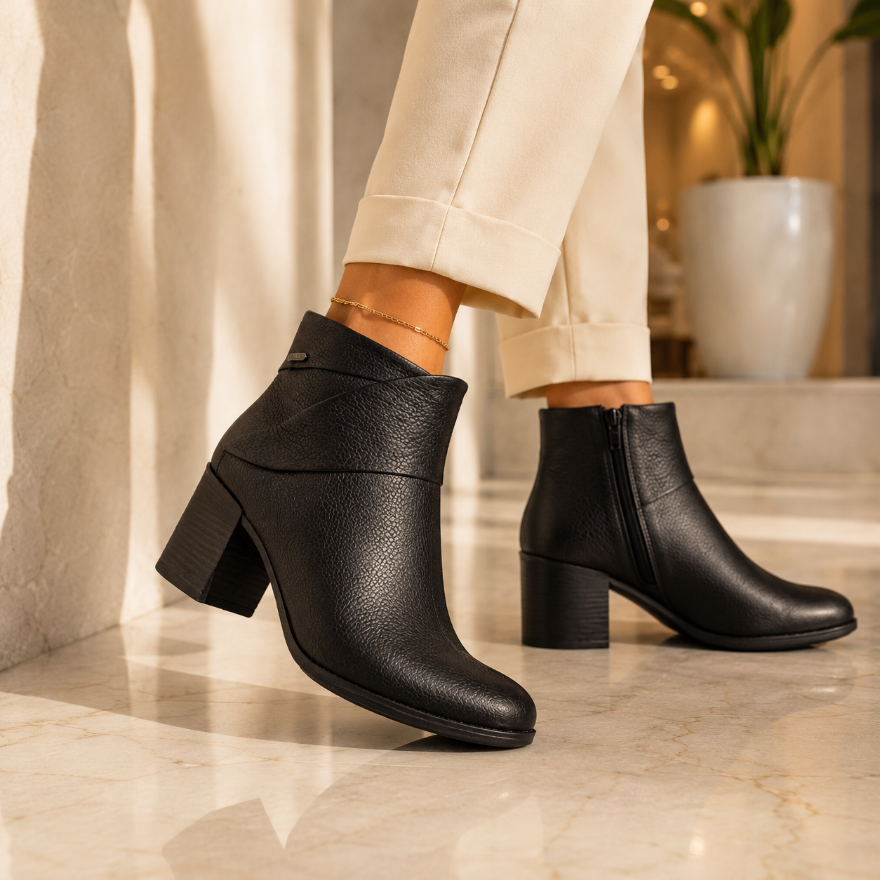Bota Bottero Feminina Cano Curto Couro Salto Bloco 6 cm Confortável Preta 346918