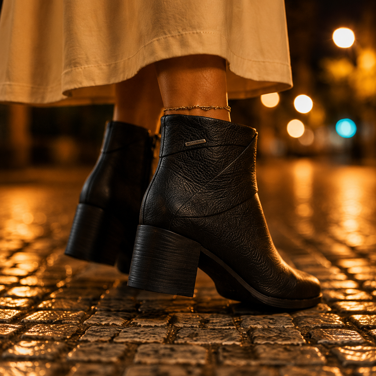 Bota Bottero Feminina Cano Curto Couro Salto Bloco 6 cm Confortável Preta 346918