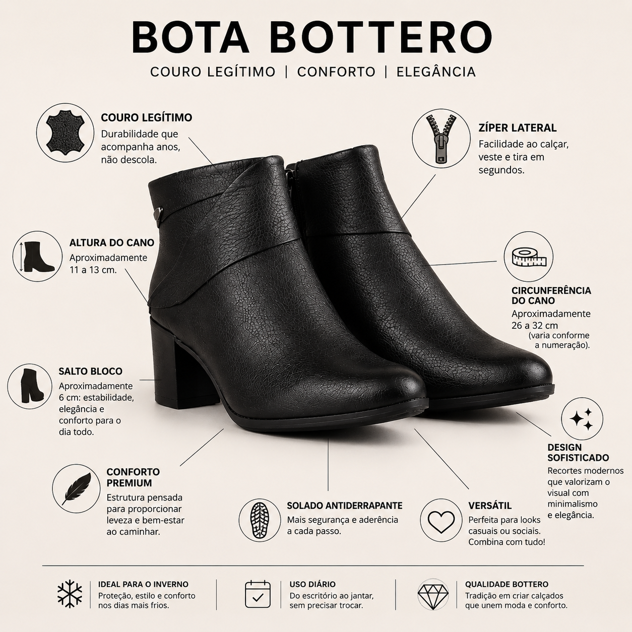Bota Bottero Feminina Cano Curto Couro Salto Bloco 6 cm Confortável Preta 346918
