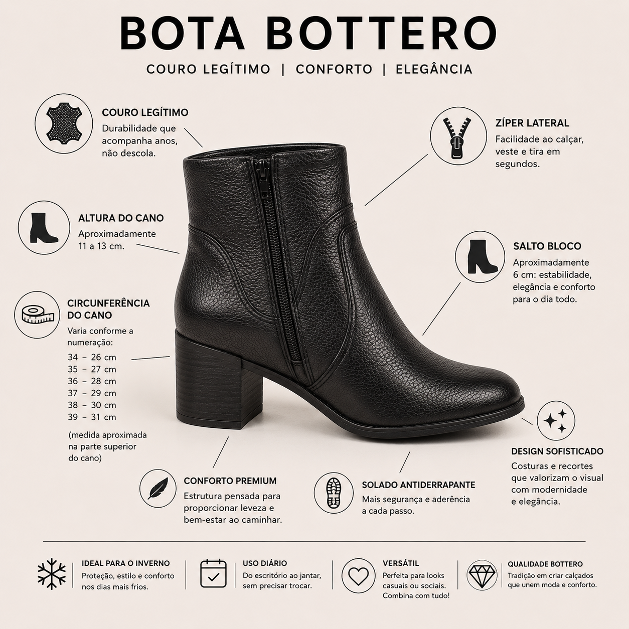Bota Coturno Cano Curto Couro Bottero Burnish Fivela - Salto bloco 6 cm