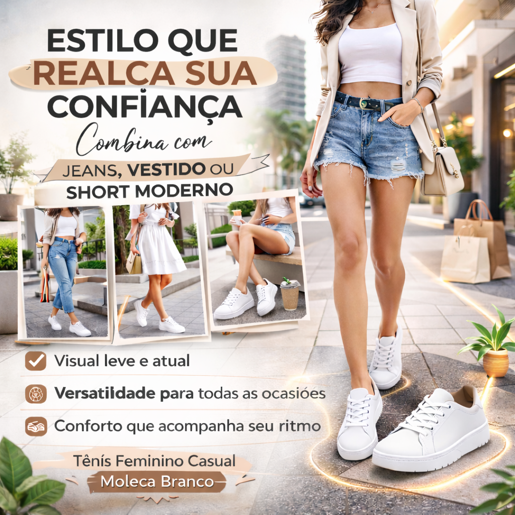 Tênis Feminino Casual Moleca Branco leve e Confortável
