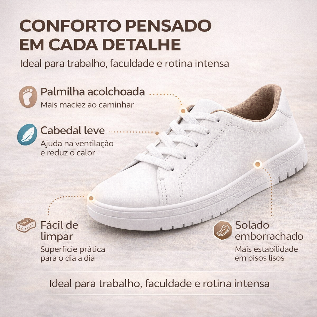 Tênis Feminino Casual Moleca Branco leve e Confortável