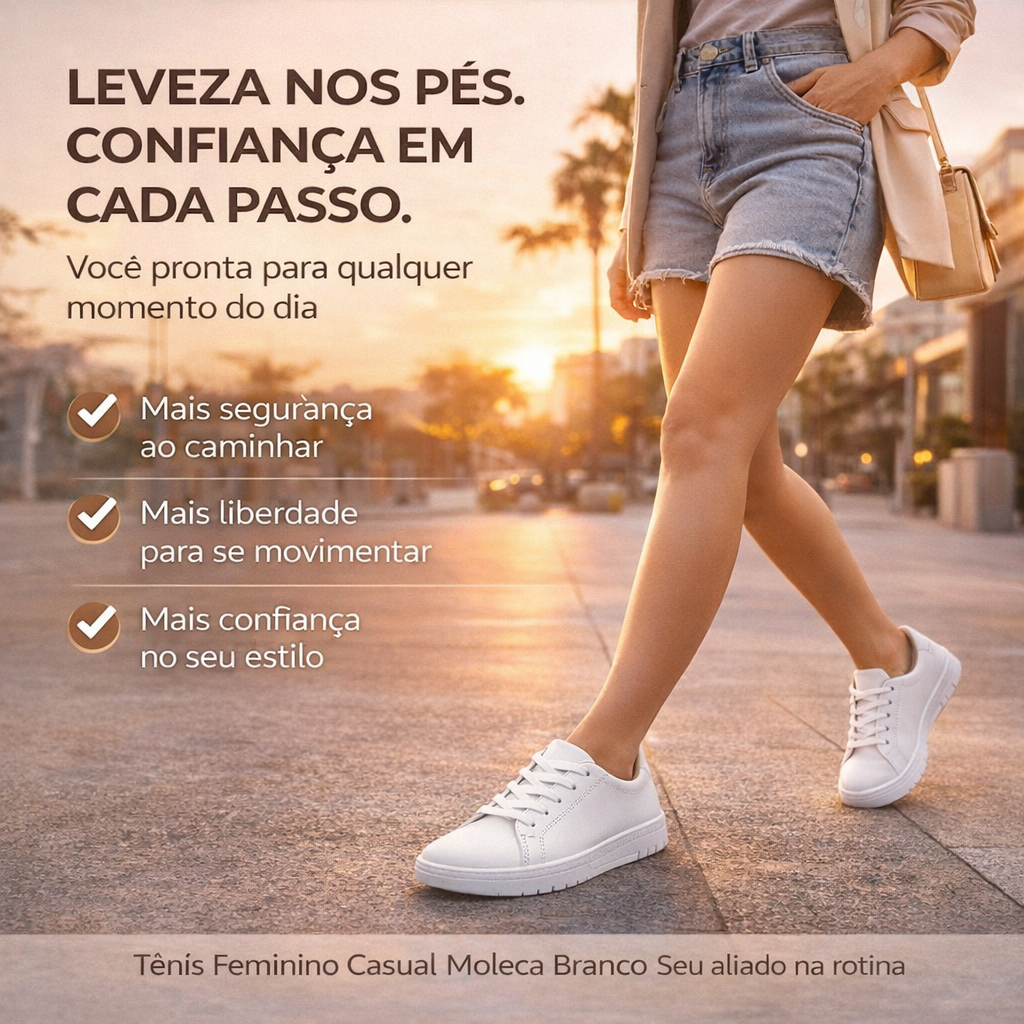 Tênis Feminino Casual Moleca Branco leve e Confortável