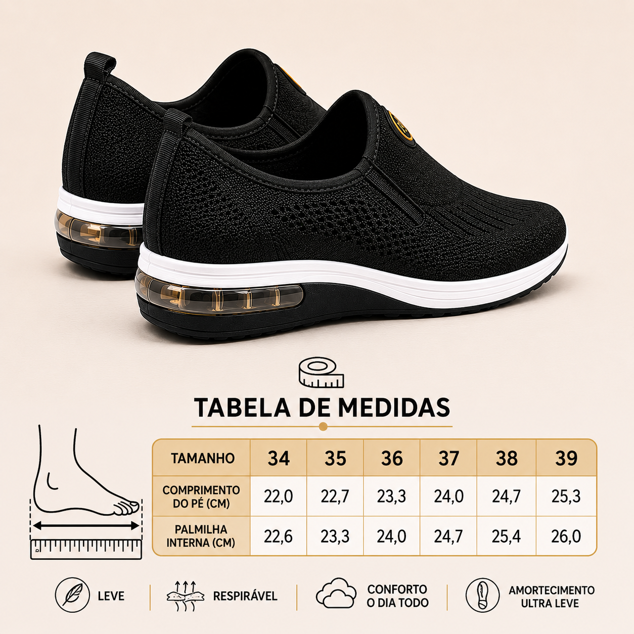 Tênis ortopédico feminimo Calce Fácil Preto - Modare Conforto Ultralevíssimo com Zíper Lateral