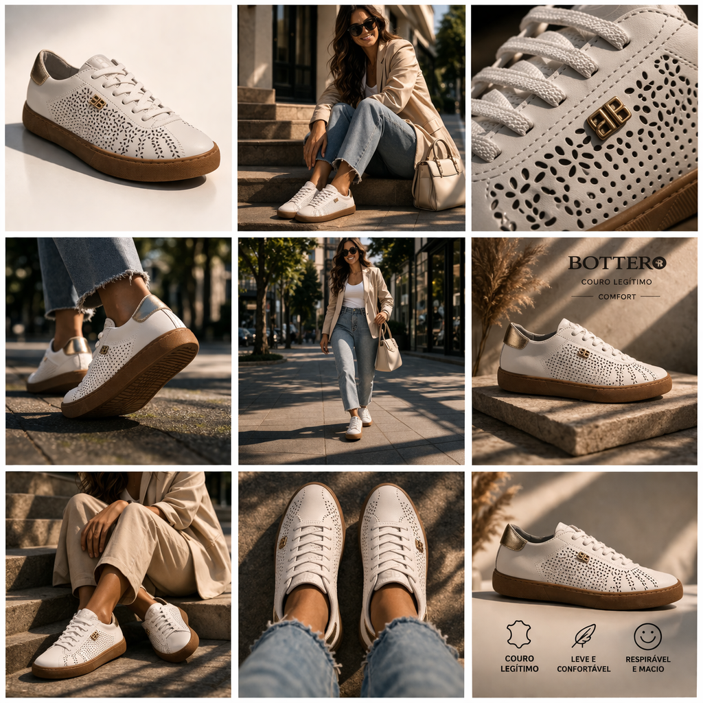 Tênis Feminino Bottero Couro Legítimo Branco Comfort 34-39