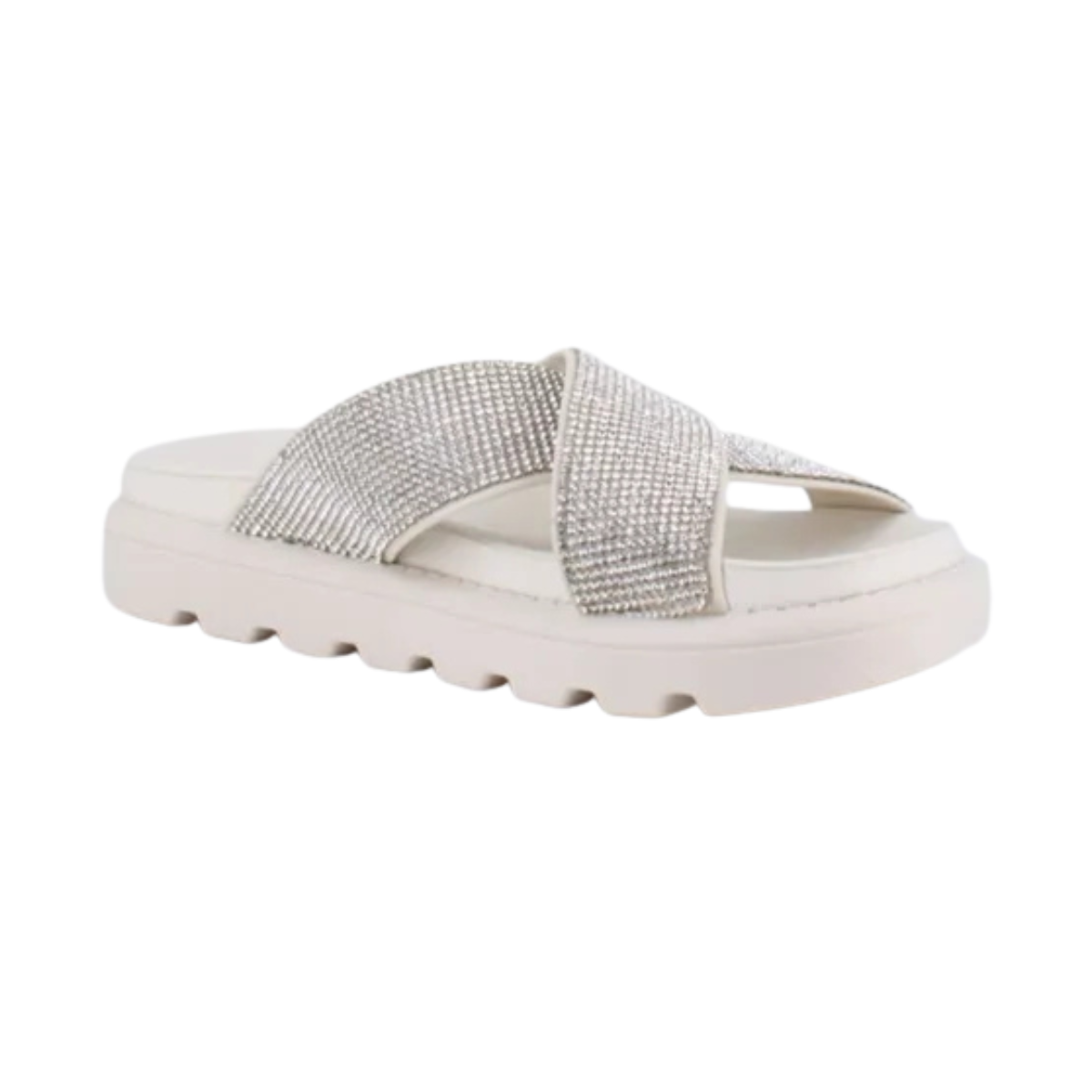 Sandália Papete Branca Feminina Vizzano Tira Em X Strass Flatform Confortável Casual