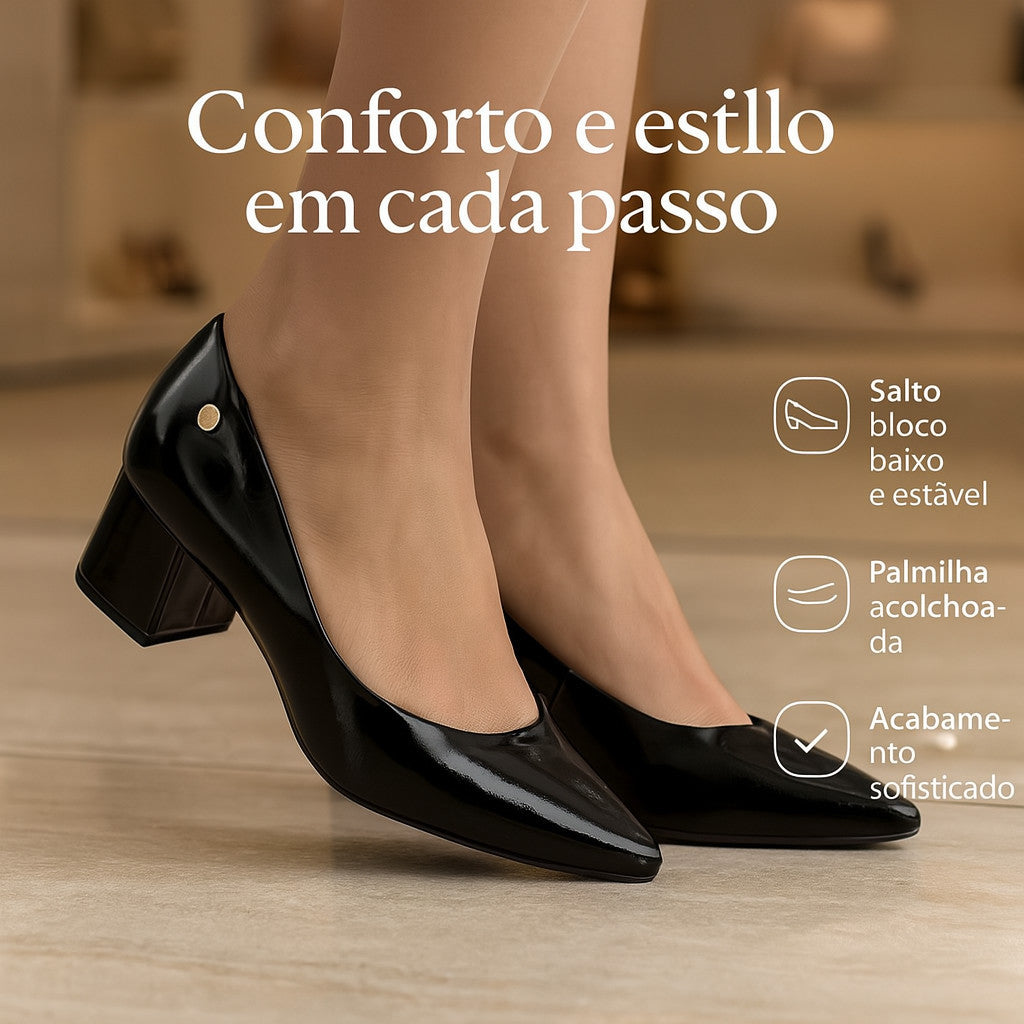Sapato Scarpin Feminino Vizzano Salto Baixo Quadrado Bloco Grosso Bico Fino