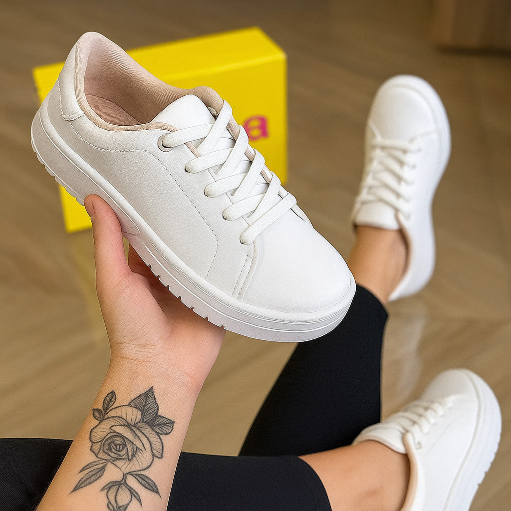 Tênis Feminino Casual Moleca Branco leve e Confortável