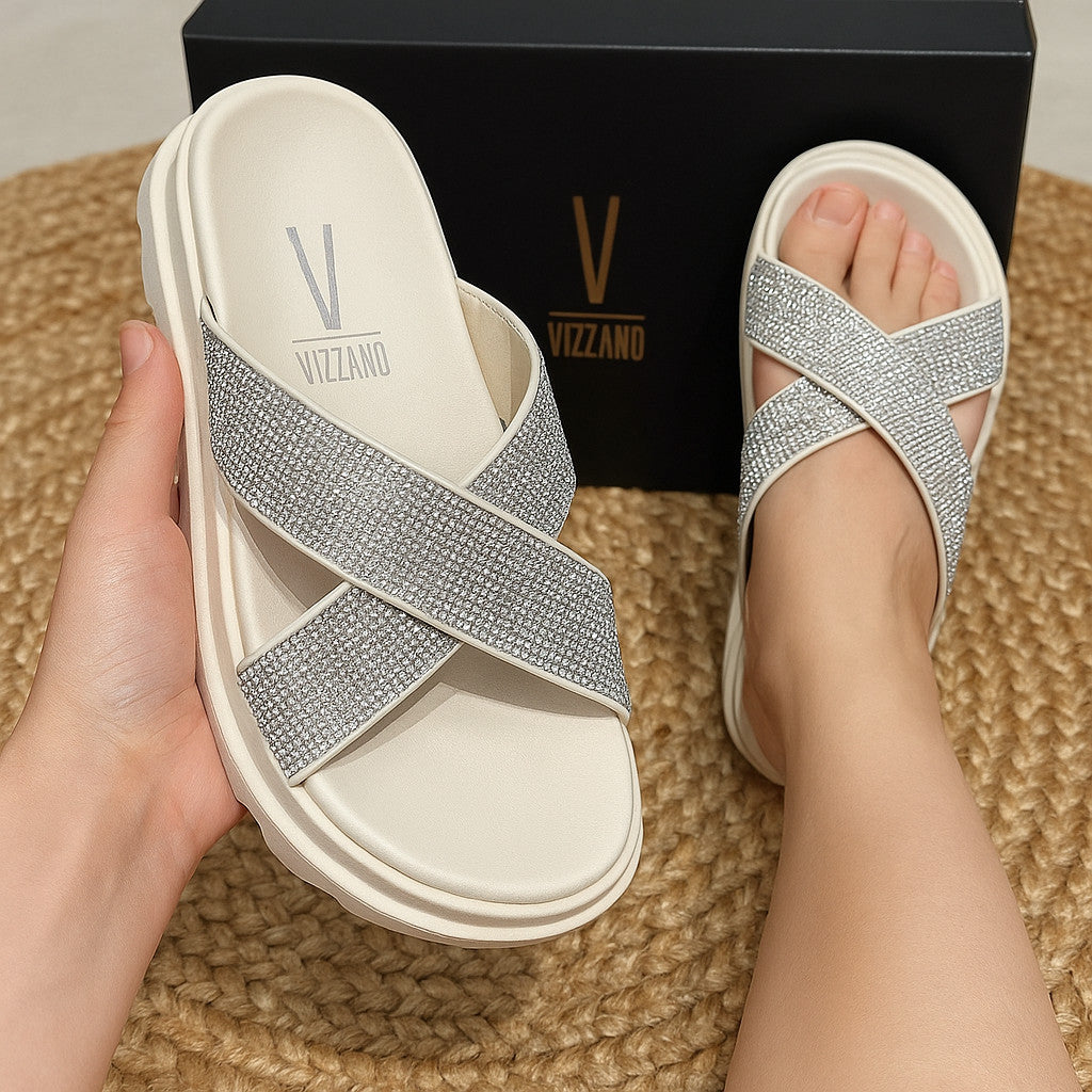 Sandália Papete Branca Feminina Vizzano Tira Em X Strass Flatform Confortável Casual