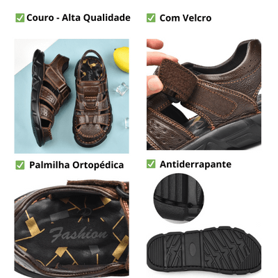 Sandália de Couro Masculina Anti Stress com Velcro